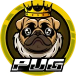 PUG FiveM team logo — cartoon pug head wearing a gold crown on a yellow circular badge with PUG nameplate
